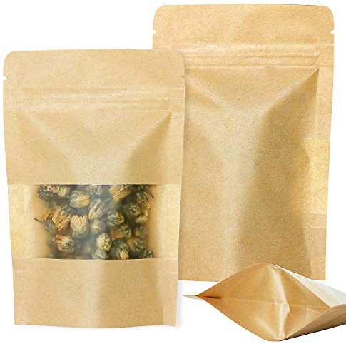 SumDirect 50 Stk 10 x 15 cm Kleine Papier Beutel Mit Sichtfenster, Papiertütchen kraftpapier mit Boden für die verpackung von kaffee,tee lebensmittel