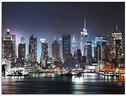 ARTland Wanddeko Glasbilder Wandbild Glas Bild einteilig 80x60 cm Querformat USA New York Skyline Nacht Times Square Hudson River Städte Amerika T5WT