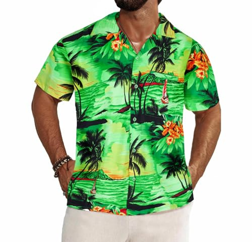 REDSTAR Summer Hawaiian Shirts for Men - Hawaiian Fancy Dress Mens Short Sleeved Shirts with Tropical Floral Print - Mens Hawaiian Shirts for Stag Do or Beach Party (XL, Green)