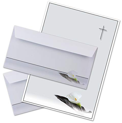 50 x Set Trauerpapier DIN A4 + Trauerumschläge DIN Lang - Motiv Trauerblume mit Blatt - 22 x 11 cm - bedruckbar - Kondolenz Set für Danksagung Trauer