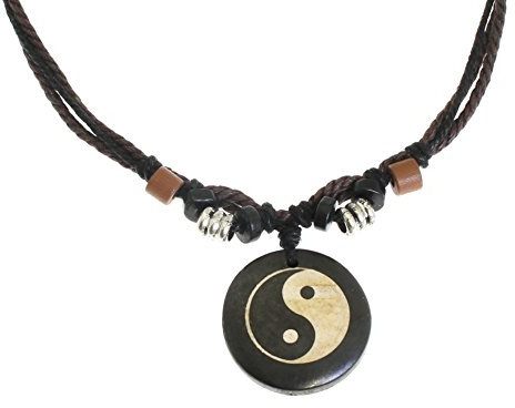Surfer Cord Necklace with Yin Yang Carved Bone Pendant - Fully Adjustable - Black & Brown Cord