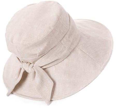 Comhats Ladies Bucket Sun Hats Women UPF 50 Foldable Wide Brim Summer UV Hat Packable Outdoor Gardening Sunhat with Chin Strap Bowknot Beige Medium