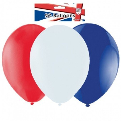 Pack of 20 Red/White/Blue Latex Balloons (9/23cm) {Great Britain}