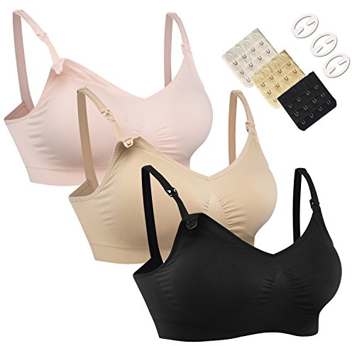 HOFISH Damen Still-BHS nahtlos – 3er Pack Bralettes für Schwangerschaft & Stillzeit, mit BH-Verlängerungen & Clips, volle Abdeckung, Pink/Schwarz/Beige, Größe XL