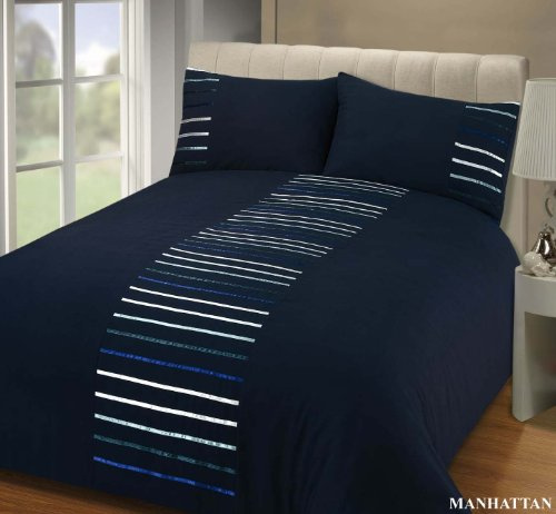 Rapport Home King Size Duvet Cover Set - Navy Blue Striped Bedding Set