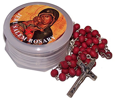 Holy Land Market Holy Land Rosary Necklace - Rose Scented Rosary from Jerusalem, Blessed Christian Pendant, Red, 22 in