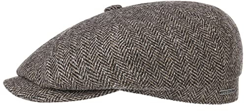 Stetson Hatteras Classic Wool Schirmmütze - Schiebermütze Herren - Flatcap mit Baumwollfutter - Herrencap mit Fischgrätmuster - Ballonmütze Herbst/Winter - Wintercap Dunkelbraun 58 cm