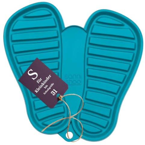 Sanni Shoo Schuhablage Schuhabtropfschale - S (bis Schuhgröße 31), türkis | Flexible Schuhmatte Abtropfmatte; Waschbar bei 30°C, Schuhwanne aus BPA-freiem Kunststoff, in Europa gefertigte Schuhschale