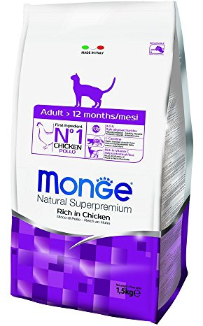 Monge Natural Superpremium Adult Chicken, Trockenfutter für Erwachsene Katzen (Futter aus Huhn, mit Omega-3-Fettsäuren und Vitamin C, hochwertige Rezeptur, ohne Zusatz von Farbstoffen, 1,5 kg)