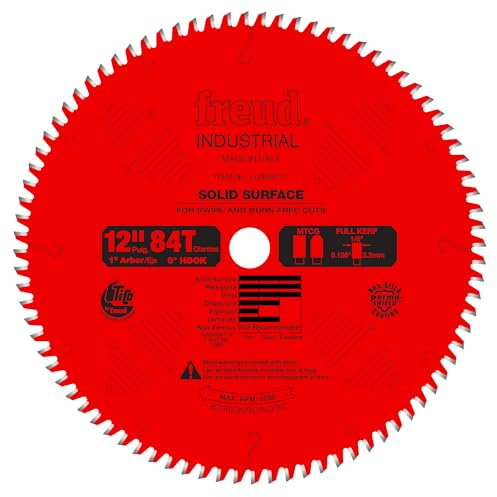 Freud LU95R012 Sägeblatt für feste Oberflächen mit Tico hochdichtem Hartmetall für maximale Leistung, 84 Zähne, MTCG-Schleifung, lasergeschnittene Anti-Vibrationsschlitze, Perma-Shield-Beschichtung