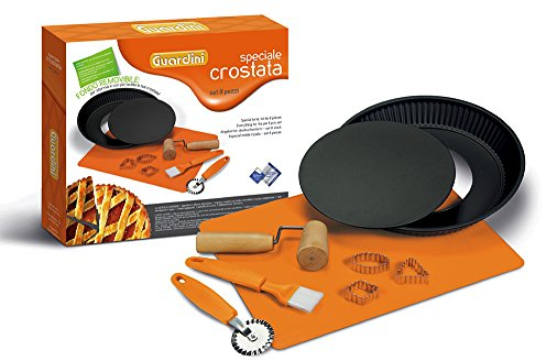 Guardini, Caja para regalo, Set para Tartas: 1 Molde para Tarta Desmontable 28cm, Acero, Color Negro + Lámina para Horno de Silicona +2 ruedas corta pasta +1 pincel +3 cortadores de pasta.