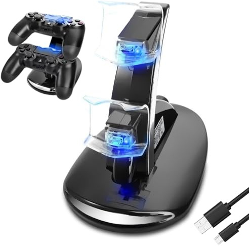 CEStore® Station de charge pour manette de PS4 - 2 x USB simultanés - Double charge verticale - Accessoire pour manette de jeu Sony Playstation 4 avec indicateur LED + micro câble