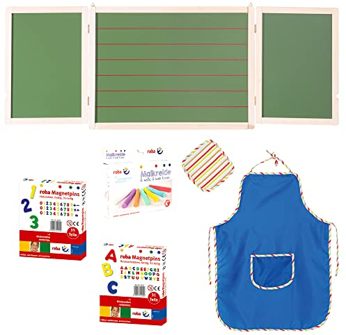 roba Tafel zum Aufhängen - klappbare Magnet- & Schreibtafel inkl. Kreide, Holzmagnetzahlen & -buchstaben, Wischlappen und Schürze - Holz - Weiß/Grün