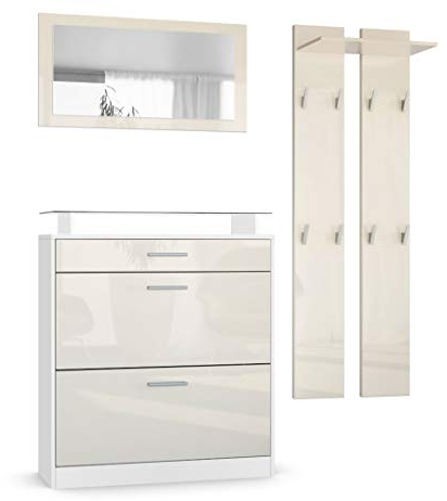 Vladon Garderobe Loret mini, Garderobenset bestehend aus 1 Schuhschrank, 1 Wandspiegel und 2 Garderobenpaneele, Weiß matt/Creme Hochglanz