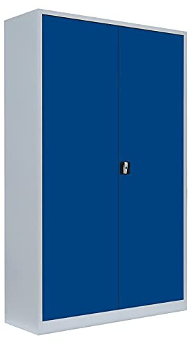 Lüllmann Flügeltürenschrank Metallschrank grau/blau 195x120x42cm (HxBxT) | komplett montiert, abschließbar, 4 Fachböden, Aktenschrank,530371