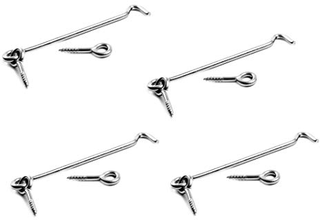 wellenshop 4 Stück Sturmhaken Türhaken Fensterhaken Kabinenhaken mit Ösen 120mm Edelstahl Rostfrei Fenstersicherung Türsicherung