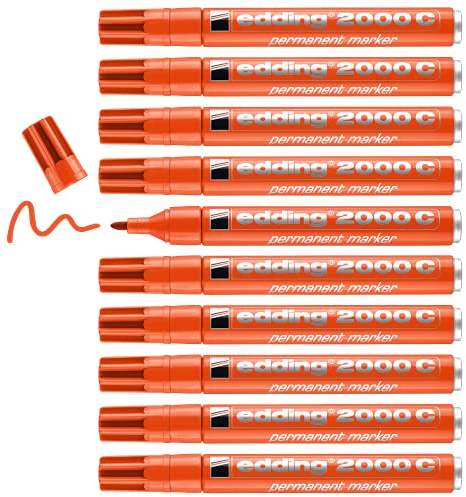 Edding 2000 C Permanent Marker - Orange - Box of 10 - Round Nib 1.5-3 mm - Quick-Drying Permanent Markers - Waterproof, Smudge-Proof - for Cardboard, Plastic, Wood, Metal, Fabric - Marker Pen
