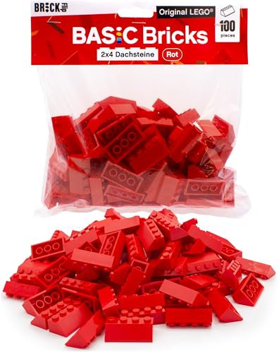 Lego Dachsteine Rot, 100 Stück, 2x4 Lego-Steine - Lego Ersatzteile Set für Lego Dächer, Einzelne Lego Steine für Dächer, Classic Lego Dachziegel Rot | Basic Bricks (3037)