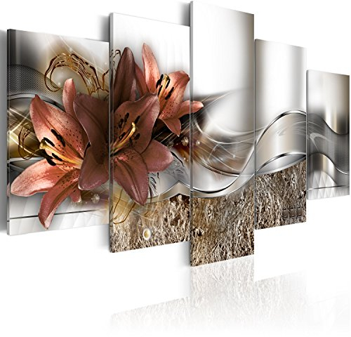 B&D XXL - Wandbilder XXL Blumen 200x100cm 5 tlg - Wand Deko Leinwand Bilder Groß Wanddeko Wohnzimmer Schlafzimmer Kunstdrucke - Lilien Abstrakt Diamant Textur silber dunkelrot