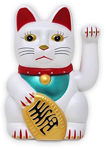 Starlet24® Winkende Glückskatze Winkekatze Lucky Cat Maneki-Neko Winkende Japanische Maneki-Neko batteriebetrieben (Weiss, 15cm)