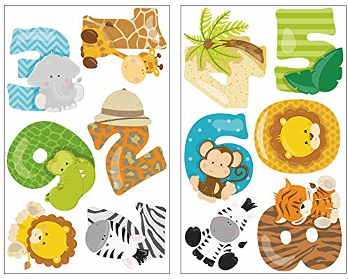 Samunshi® 12x Wandtattoo Zahlen mit Safari Tieren Set Wandbilder Kinderzimmer Deko Junge Wandtattoo Kinderzimmer Mädchen Wandsticker 2x 21x34cm