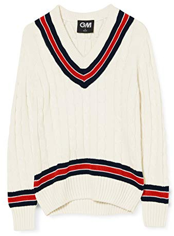 Gunn & Moore GM | Cricket Sweater Jumper Pullover | Classic Heavy Cable Knit | Long Sleeve | Cream with Navy Blue & Red Trimmed Collar | XL to fit chest 44