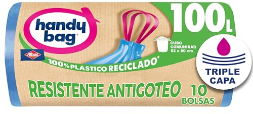 Handy Bag Bolsas de Basura Resistente Antigoteo, 100% Reciclado, Autocierre, 100L, 10 Bolsas, 1 Paquete
