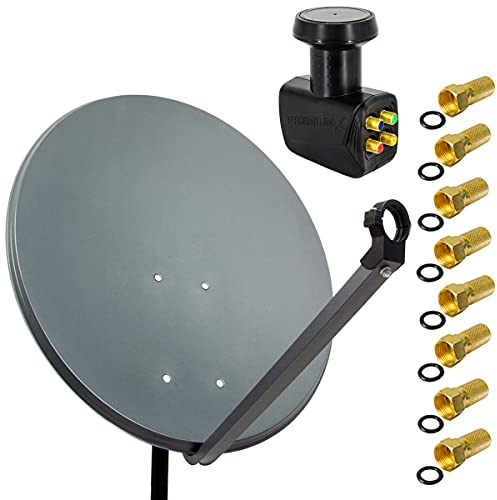 PremiumX Satelliten-Komplettanlage 60cm Satellitenschüssel Anthrazit Satellitenantenne SAT Quad LNB 8X F-Stecker 4 Teilnehmer