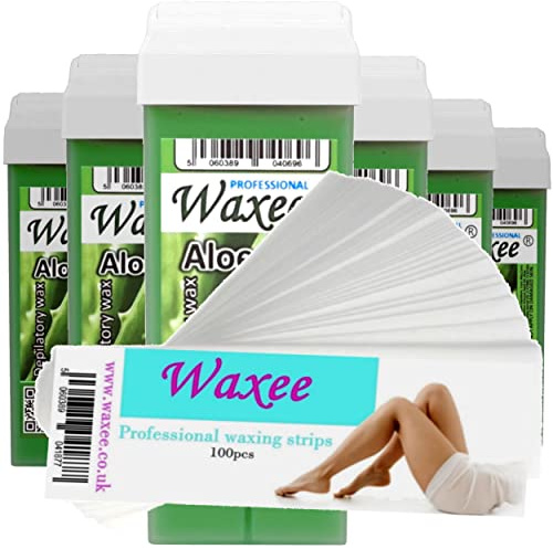 6x 100ml roll on wax, roller wax cartridge Aloe + 100 strips Body & Leg waxing, from UK Brand- Waxee