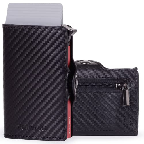 Moneyhold® Porte-Cartes Bancaire Unisexe - Portefeuille Slim en Simil-Cuir Vegan Anti Piratage RFID, Compact et Élégant (B - avec Porte-Monnaie, 2 - Carbon - Noir/Rouge)