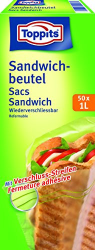 Toppits Silikon Frühstücks-Beutel 50 x 1L (19 x 18cm), Luftdicht, Wiederverwendbar, Versiegelt mit Schiebeverschluss
