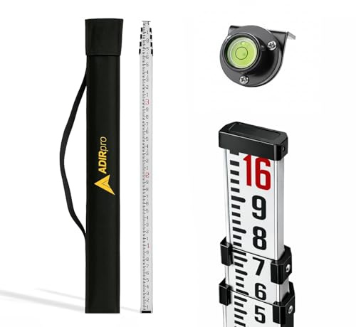 AdirPro 16-Foot Aluminum Grade Rod - 10ths, Dual Sided 5-Section Telescopic Leveling Rod – Bubble Level and Soft Carrying Case Included