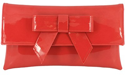 LONI Damen Clutch Abend Hochzeit Tasche in Lack Kunstleder mit Schleife in Rot