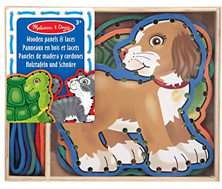 Melissa & Doug Fädeltiere aus Holz - 5 Holztiere und 5 farblich passende Schnüre zum Fädeln, Lernspielzeug zur Förderung der Feinmotorik und der Augen-Hand-Koordination, für Kinder ab 3 Jahren