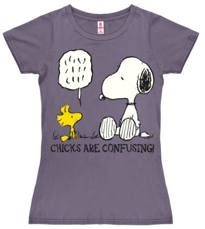 Logoshirt® Peanuts I Snoopy und Woodstock I Chicks Are Confusing I T-Shirt Print I Damen I kurzärmlig I violett I Lizenziertes Originaldesign I Größe XS