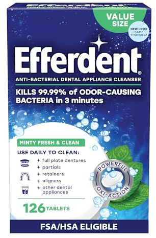 Efferdent Denture Cleaner Tablets – Dental Appliances, Aligners, Mouth Guard, and Retainer Cleaner Tablets, Minty Fresh & Clean, 126 Count