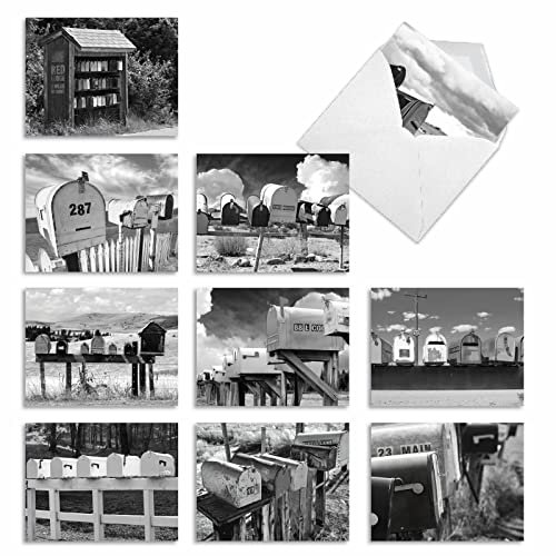 10 ‘In the Mail' Thank You Notes with Envelopes, Boxed Set of Assorted Vintage Mailbox Photography Thank You Cards 4 x 5.12 inch, Cards with Black and White Photos of Old Letterboxes M9681TYG