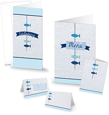 Logbuch-Verlag Tischdeko Fische Kommunion Taufe Konfirmation Tischkarten Menükarten Einladungen für 25 Gäste blau weiß