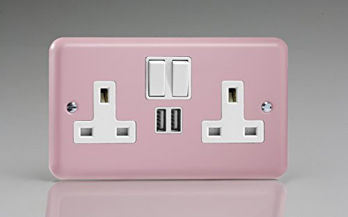 Varilight 2-Gang 13A Single Pole Switched Socket + 2x5V DC 2100mA USB Charging Ports Rose Pink