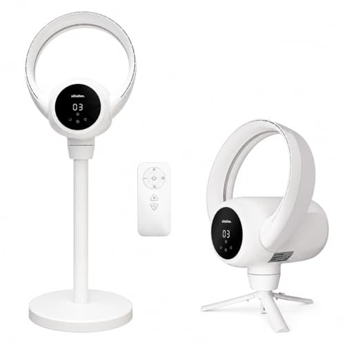 Schallen 2 in 1 Bladeless Floor Fan and Desktop Table Fan Modern White and Black with Digital Display Quiet Adjustable Cooling Home Office Work Standing Fan
