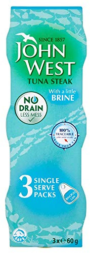 John West Tuna Steak with a Little Brine 3 x 60 g. Single serve multipack, natural protein