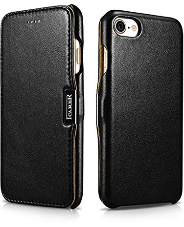 ICARER Tasche passend für Apple iPhone SE 2022 5G, iPhone SE 2020, iPhone 8, iPhone 7, 4.7 Zoll, Case mit Echt-Leder, Schutz-Hülle aufklappbar, Ultra-Slim Cover, Etui, Schwarz