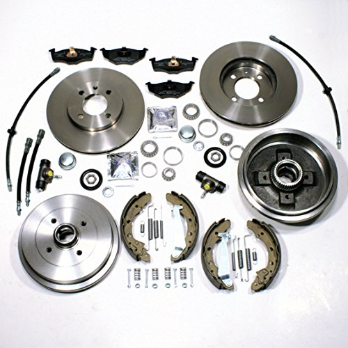 Bremsscheiben + Bremsbeläge vorne + Bremstrommel Set mit ABS Ringen + Bremsschläuche hinten