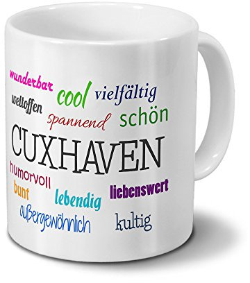 digital print Städtetasse Cuxhaven - Motiv Positive Eigenschaften - Stadt-Tasse, Kaffeebecher, Mug, Becher, Kaffeetasse - Farbe Weiß