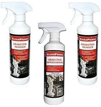 CleanPrince 3 Stück Set Grabstein Pflege | 2 x Grabstein-Reiniger 0,5 L und 1 x Grabstein-Imprägnierung 0,5 L | Grabsteinreiniger Natursteine Marmor Granit Grünbelag