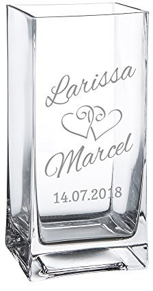 Casa Vivente Vaso da Fiori in Vetro con Incisione Personalizzata con Nomi e Data, Motivo Cuori, Vasi da Interno, Idee Regalo Originali per Sposi, Decorazioni Matrimonio