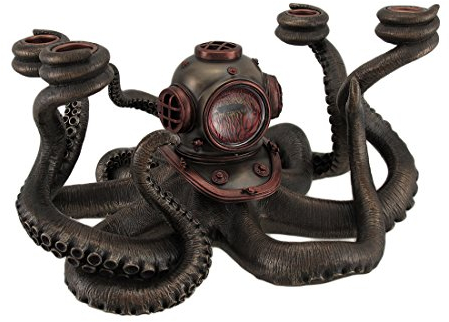 Zeckos Steampunk-Kraken-Kerzenleuchter, 4 Kerzen, Schwarz, Kupfer, Harz, 23 cm x 16,5 cm x 23 cm