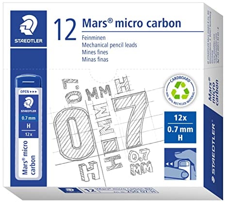 STAEDTLER Feinminen Mars micro carbon, Linienbreite 0,7 mm, Härtegrad H, hohe Bruchfestigkeit durch elastische Mine, für viele Druckbleistifte, 12 Minendosen mit je 12 Minen, 250 07-H