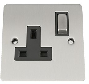 Wall Socket 1 Gang - Satin Matt Chrome Flat - Black Insert - Metal Rocker Switch - 13A Single Plug Socket