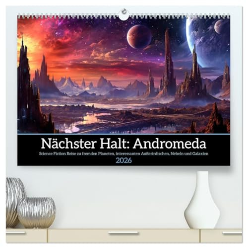 Nächster Halt Andromeda (hochwertiger Premium Wandkalender 2026 DIN A2 quer), Kunstdruck in Hochglanz: Reise durch das Universum zu farbenfrohen fremden Planeten und Galaxien (CALVENDO Wissenschaft)